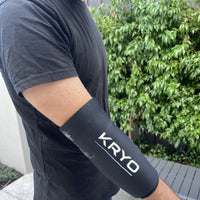 KRYO FLEX arm ice compression sleeve worn over the elbow for targeted cold therapy and post-exercise recovery