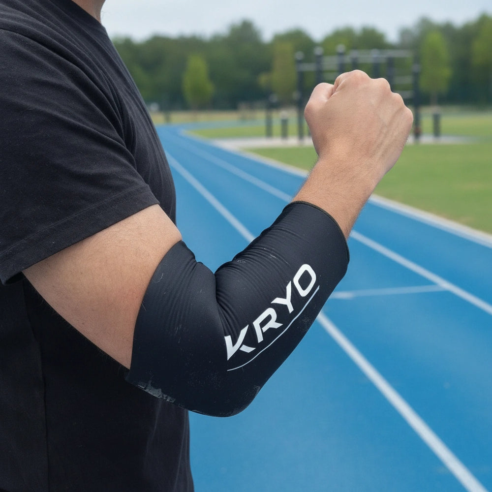 KRYO FLEX arm and elbow ice compression sleeve worn by athlete on running track