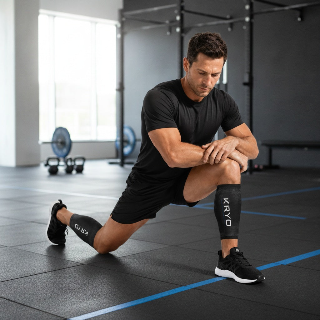 Man in a gym wearing two KRYO CORE ice compression sleeves, one on each calf, from the Performance Kit